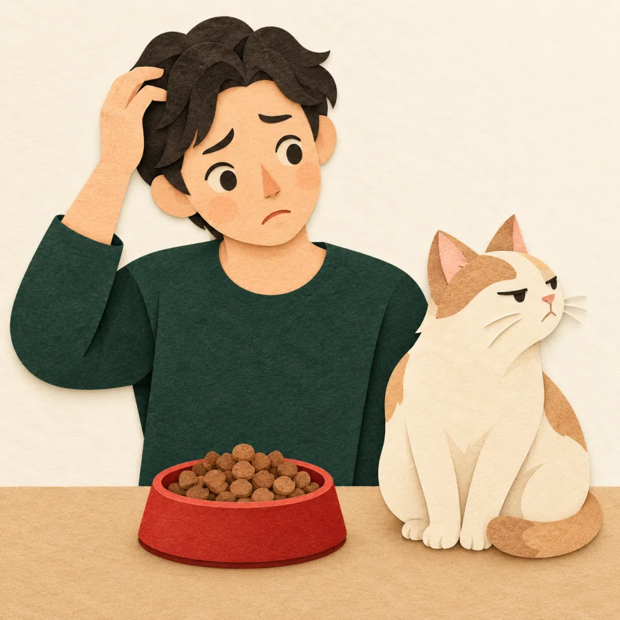 A puzzled person looking at a cat and a full bowl