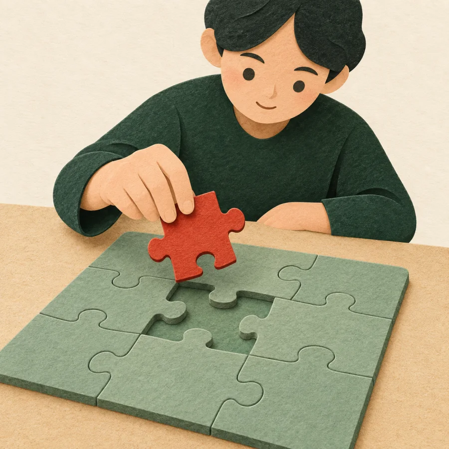 A person fitting a red piece into a puzzle
