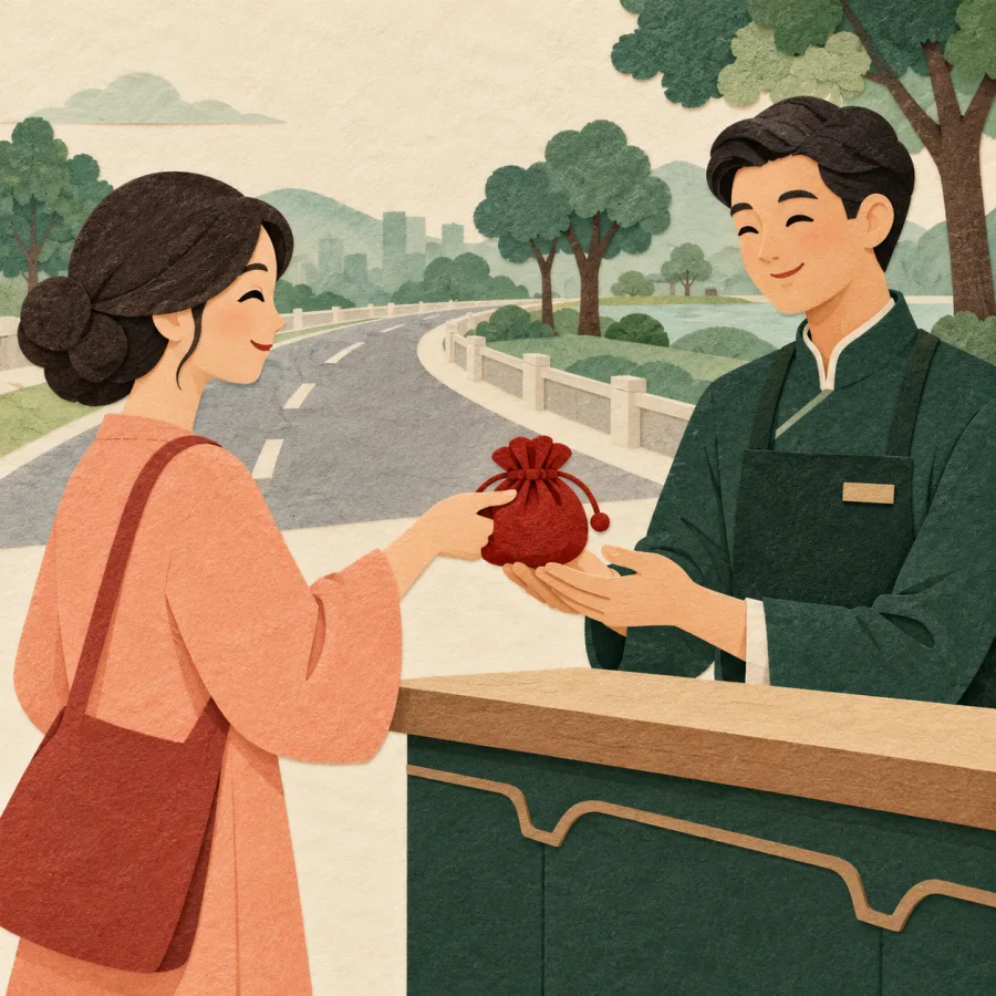 A person handing over a coin pouch before a new road and park