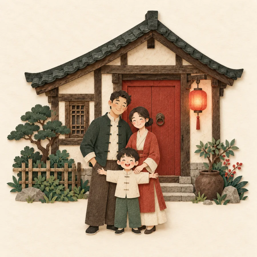 A family standing in front of an old wooden house