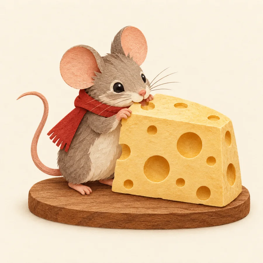 A mouse nibbling a piece of cheese with holes
