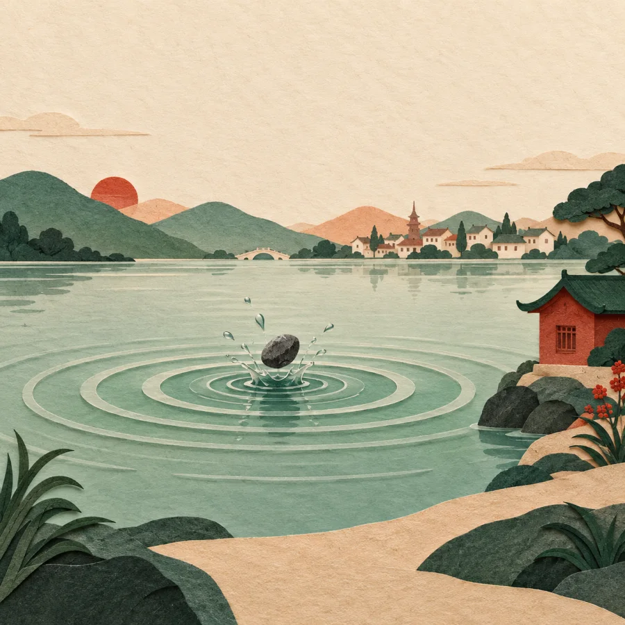 Ripples spreading from a stone toward a distant town