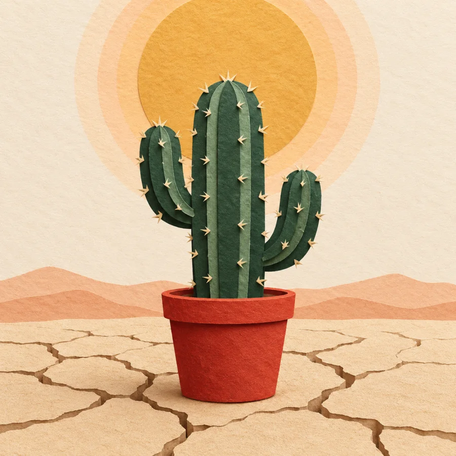 A potted cactus under a blazing sun