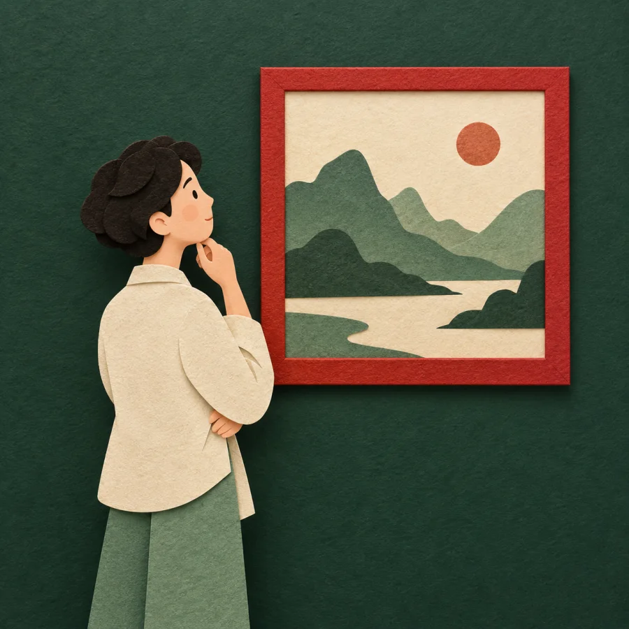A thoughtful person standing before a painting