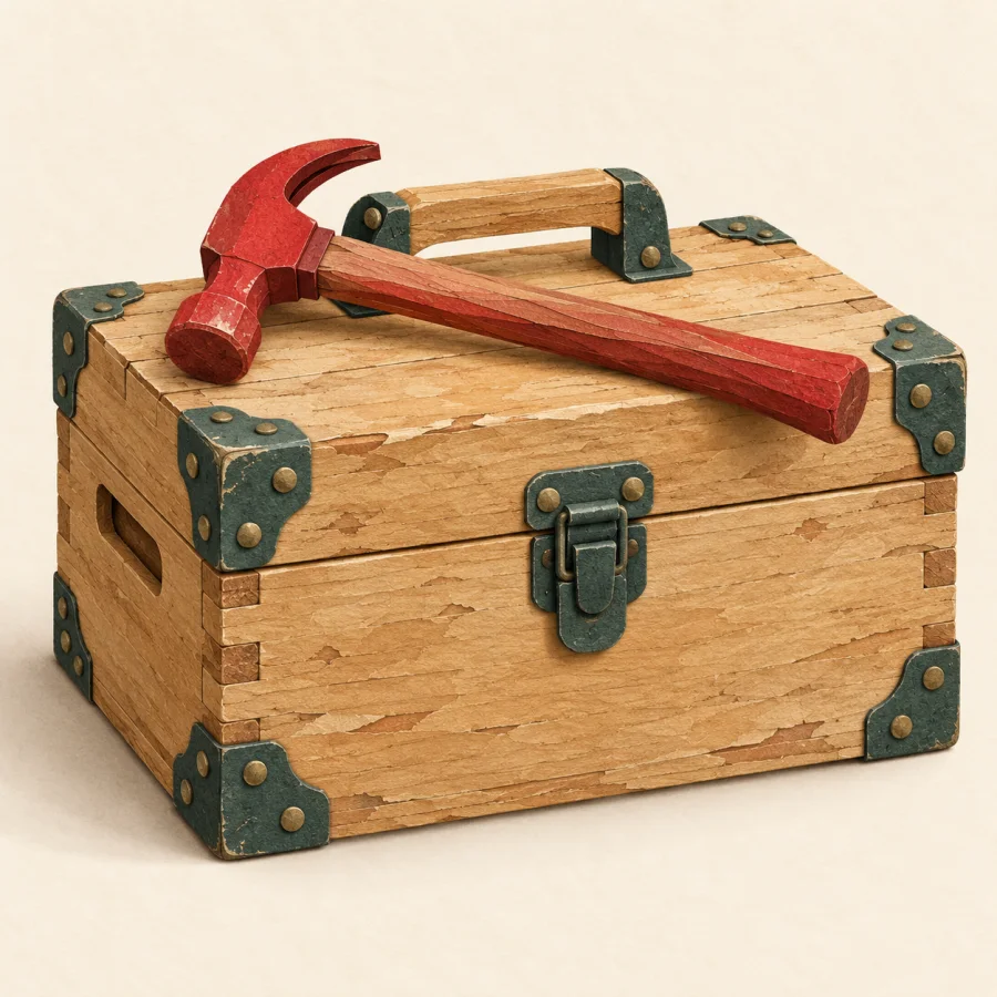 An old sturdy toolbox with a hammer