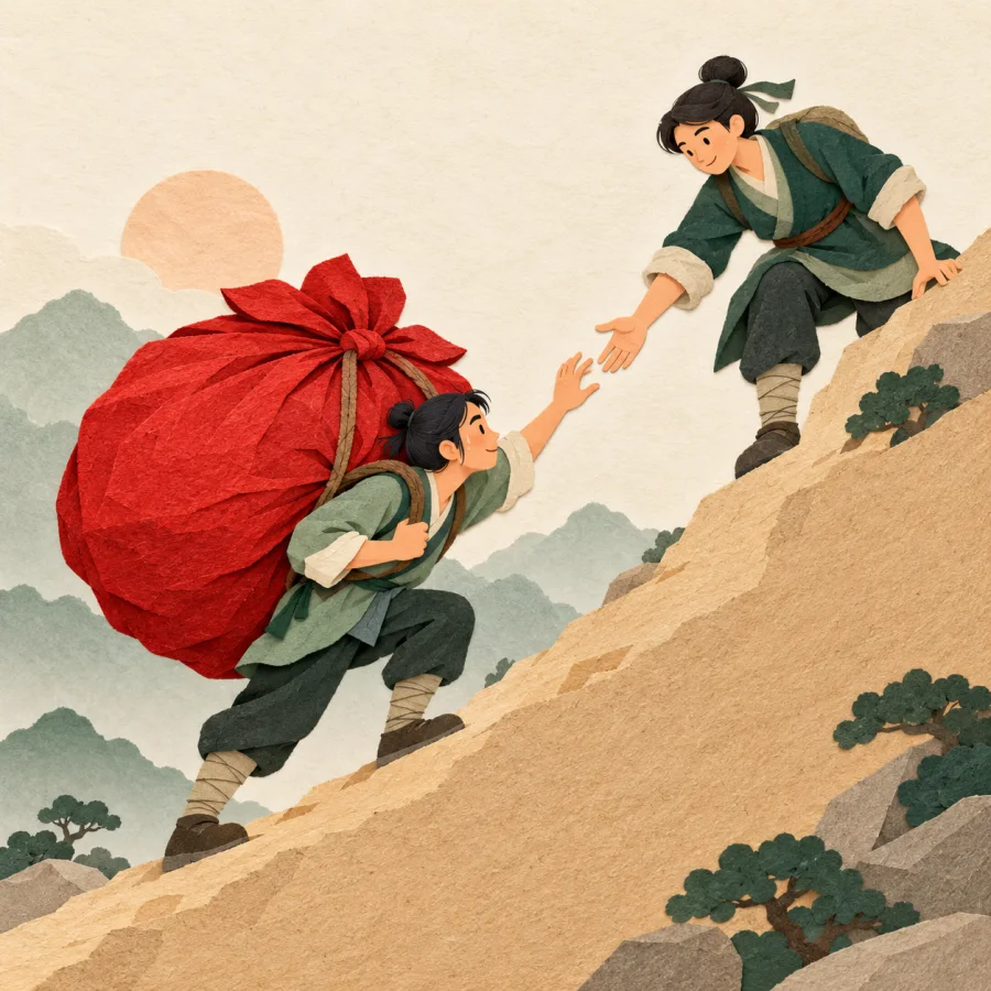 A person carrying a heavy load while a friend offers a hand