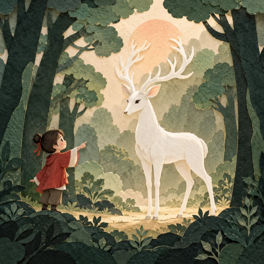 A child gazes in wonder at a rare white deer.