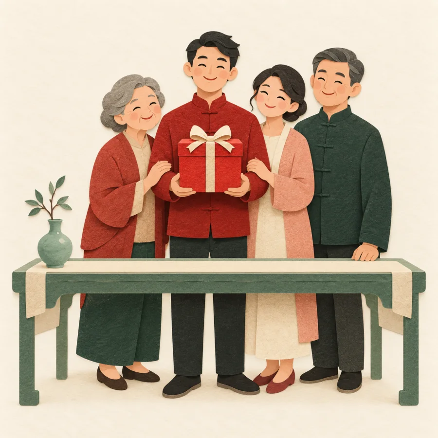 The groom's relatives stand by a table holding a red gift box.