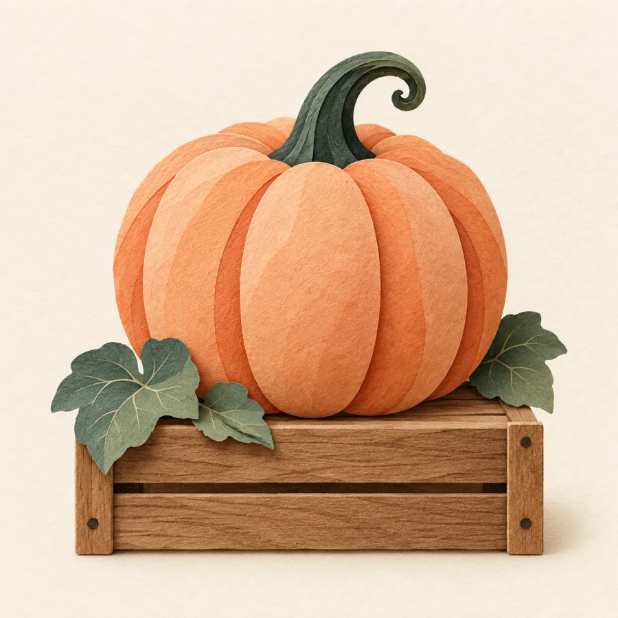A big round pumpkin with green leaves on a crate.