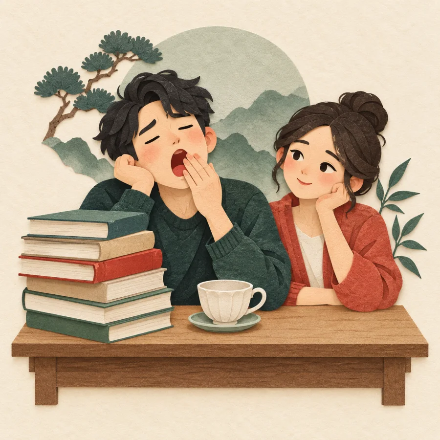 A tired person yawns at a desk while a friend nods knowingly.