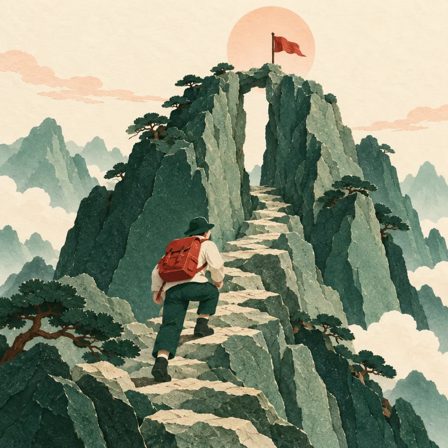 A traveler climbs toward a narrow gap between tall cliffs.