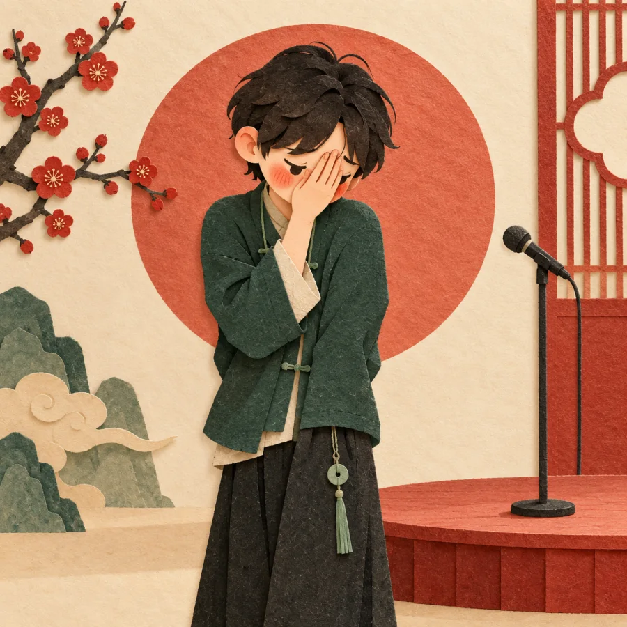 A shy person covers their face near a small stage.