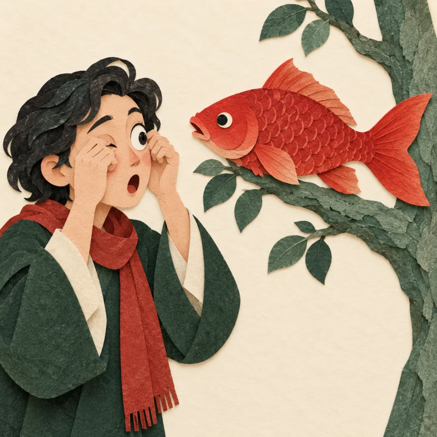 A person rubs their eyes at a huge fish sitting on a branch.