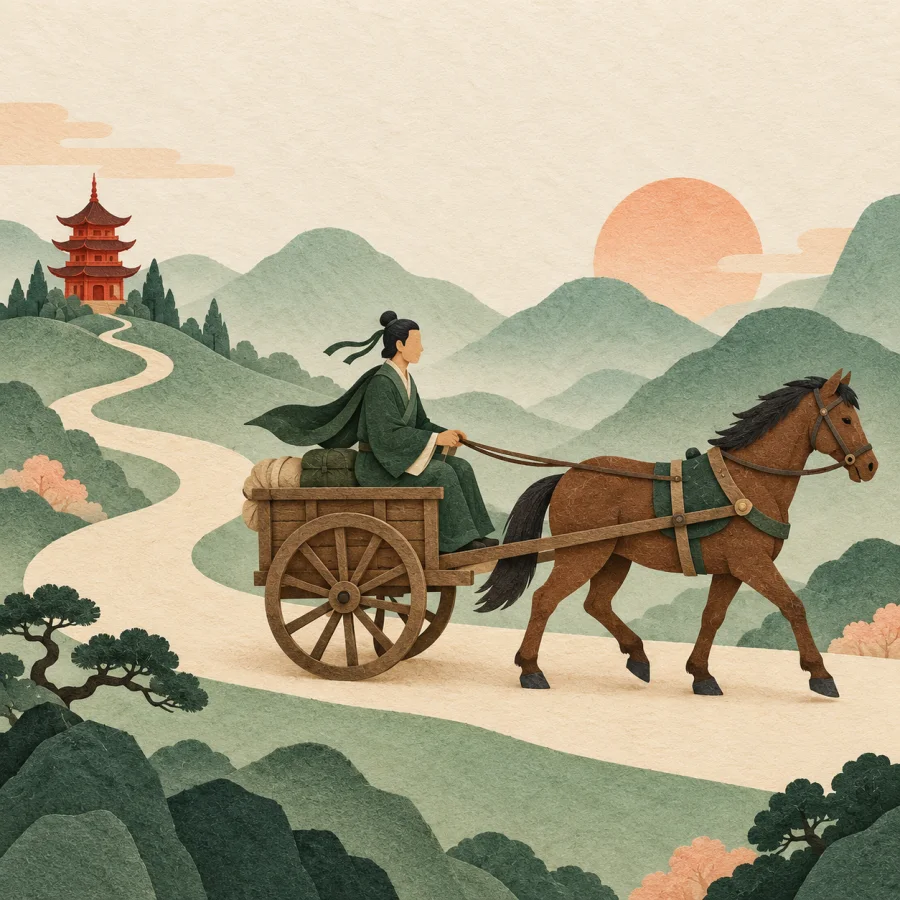 A traveler in a cart rides away from his red pagoda.