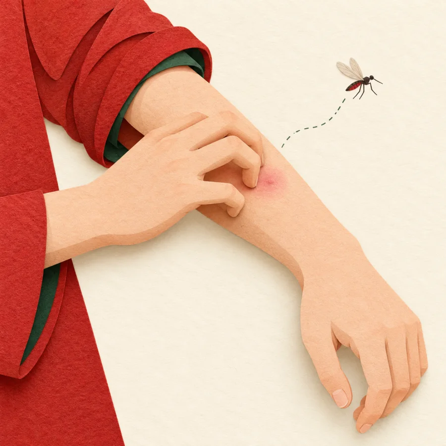 A person scratches an itchy arm as a mosquito flies away.