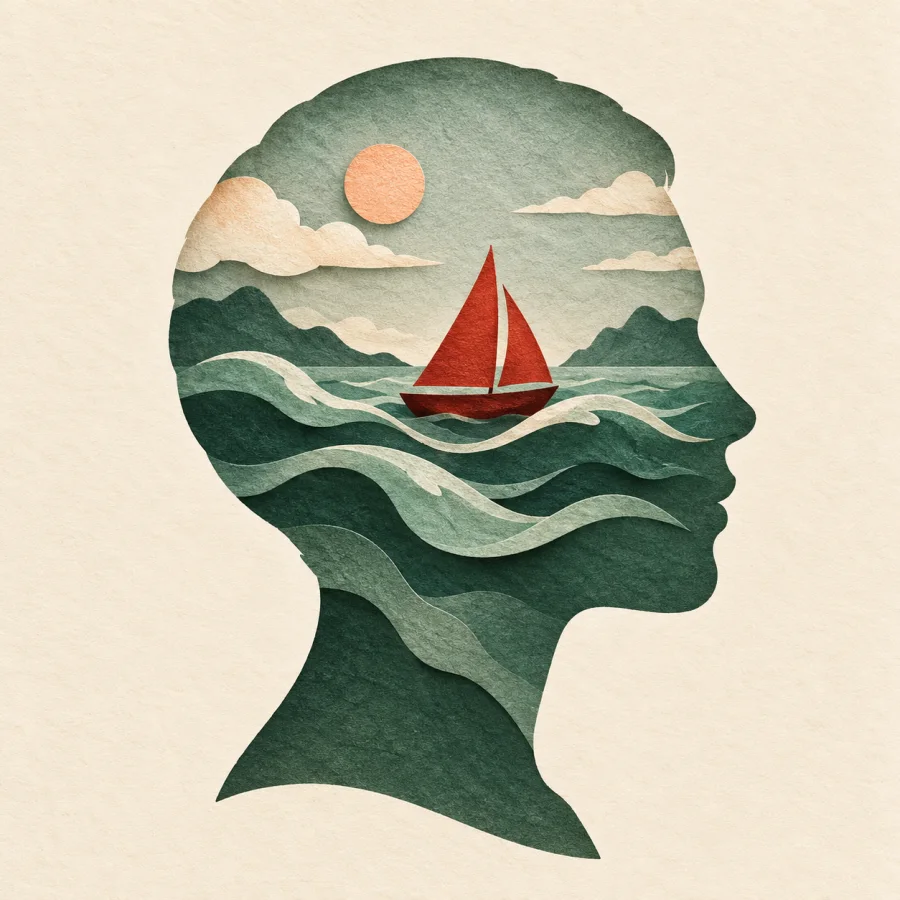 A head silhouette with a red sailboat on waves inside.
