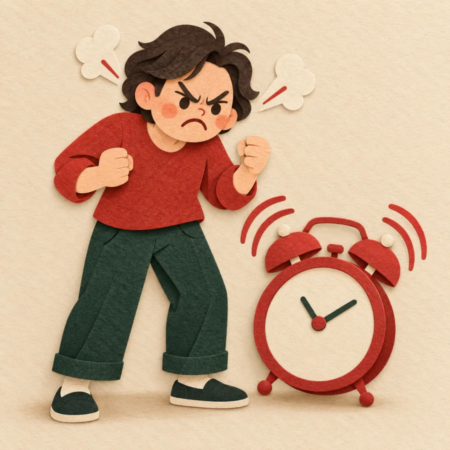 An angry person stands by a ringing alarm clock, steaming.