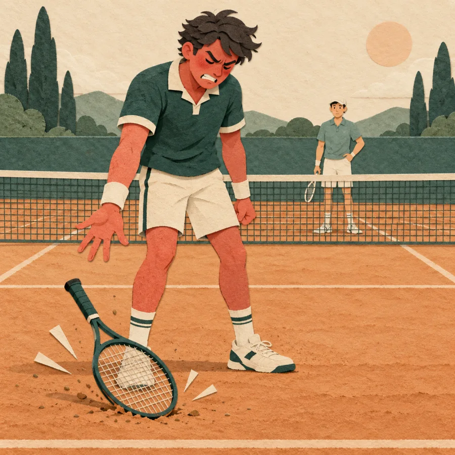 A red-faced person throws a tennis racket on the ground.