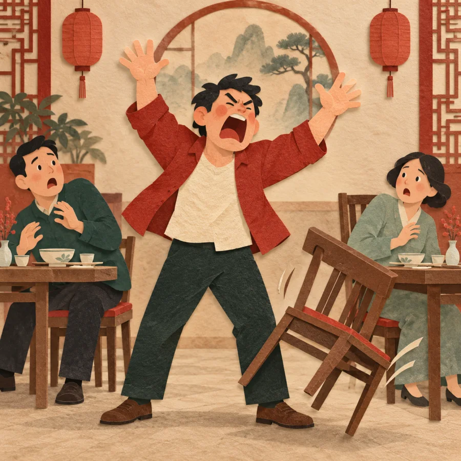 A loud person tips over a chair in a quiet restaurant.