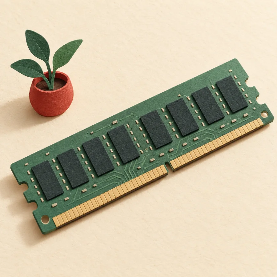 A green memory module with chips on a desk.