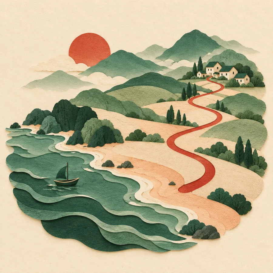 A village among hills far from a coast with a boat.