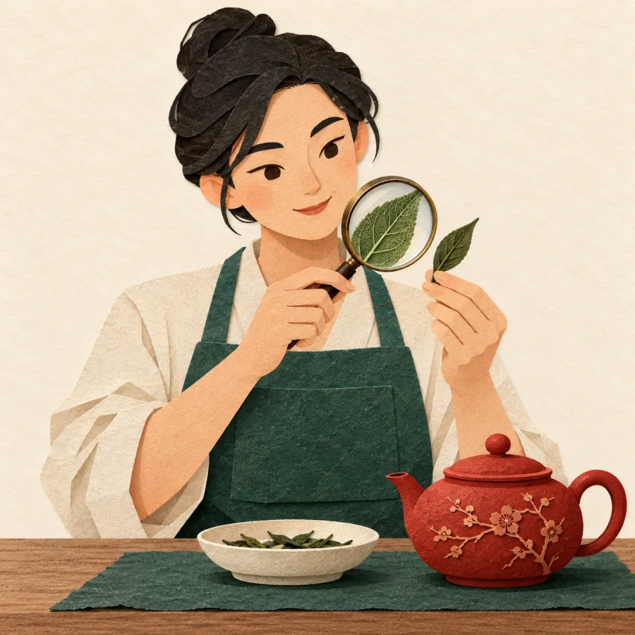 A confident person examines a tea leaf with a magnifier.