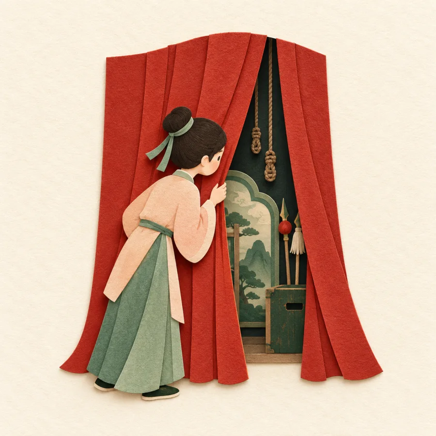 A person peeks behind a red curtain at the backstage.