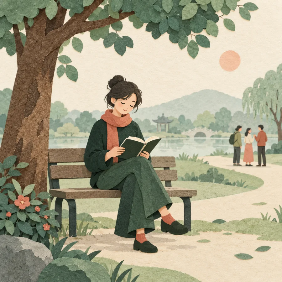 A person reads alone on a bench while a group chats far away.