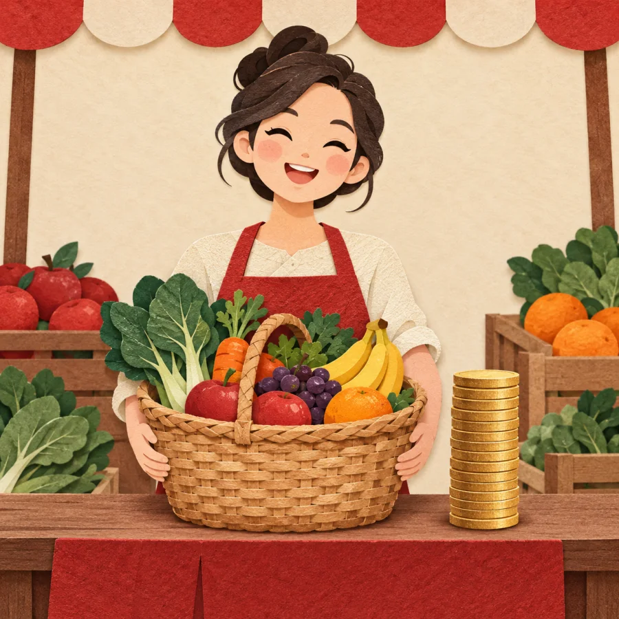 A shopper with a full basket at a market stall.