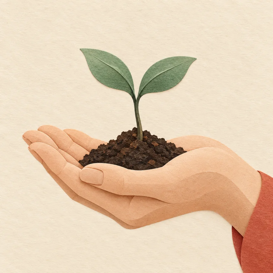 A young green sprout on a palm above dark soil.
