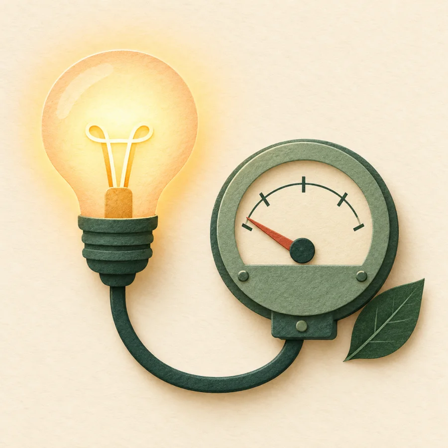 A light bulb on a cable beside a meter with a low reading.