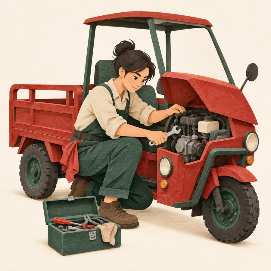 A confident handyman repairs a cart engine with a wrench.