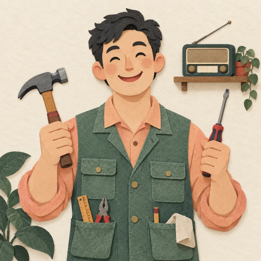 A smiling handyman holds a hammer and a screwdriver.