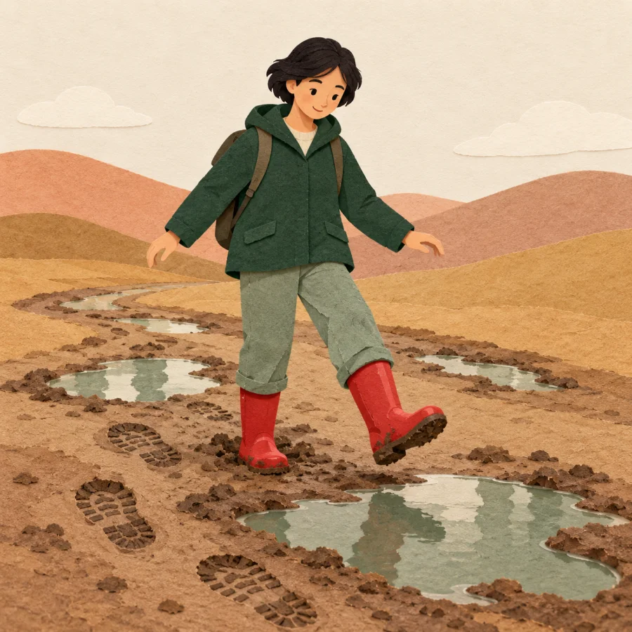 A person in red boots walks along a muddy road.
