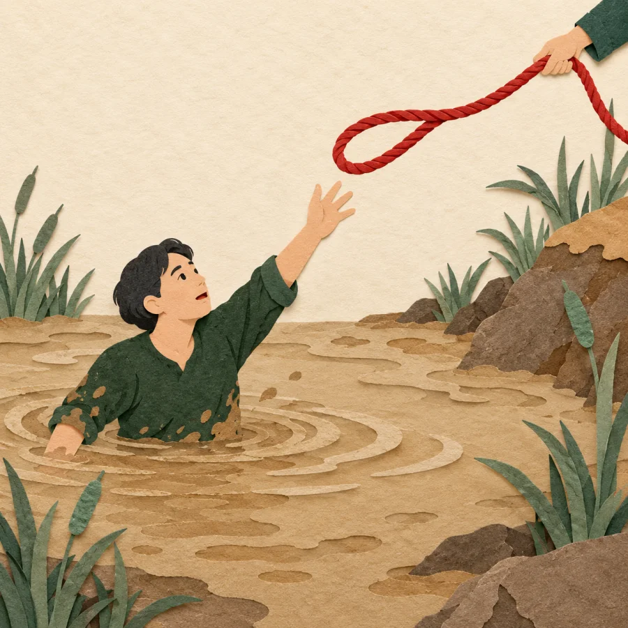 A person waist-deep in mud reaches for a thrown rope.
