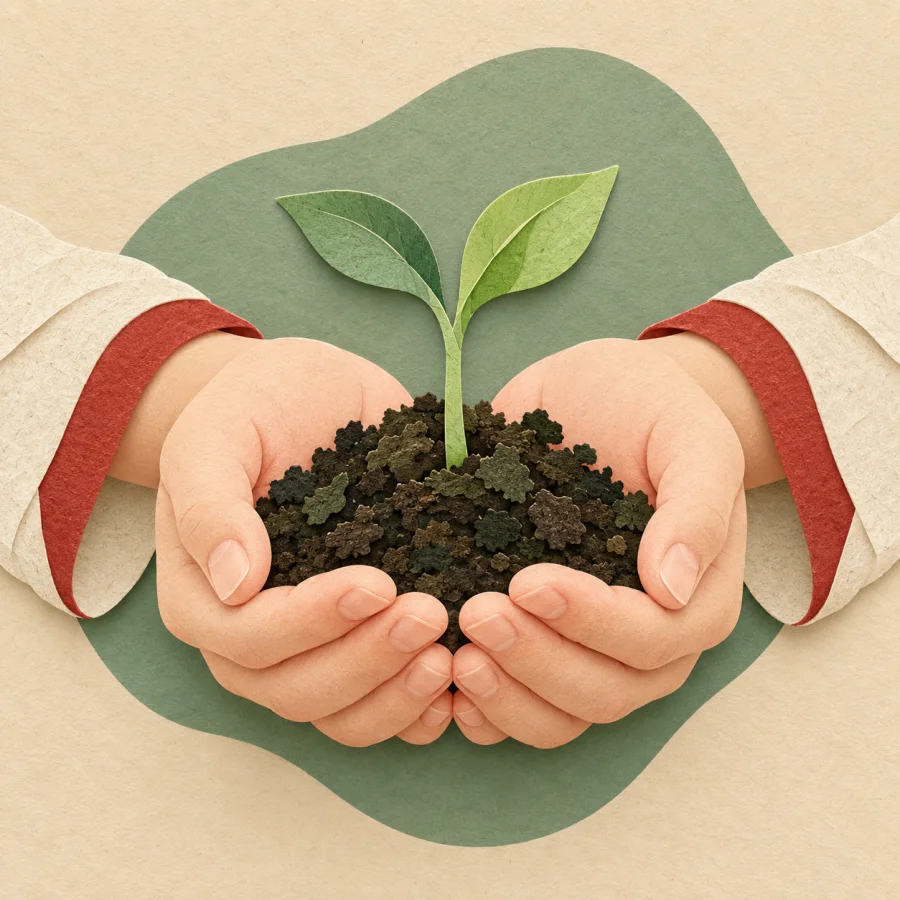 Two hands hold a handful of soil with a sprout.