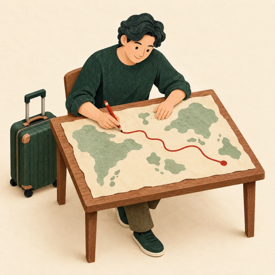 A person over a map draws a route with a pencil.