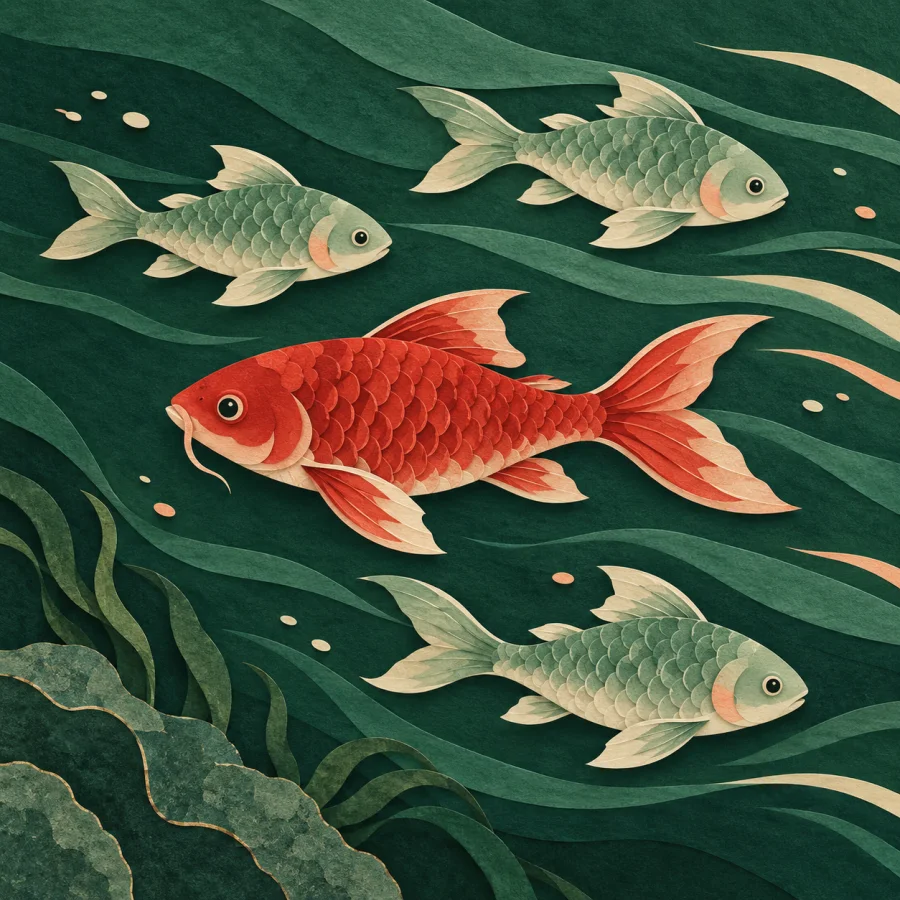 A red fish swims against the current among green fish.