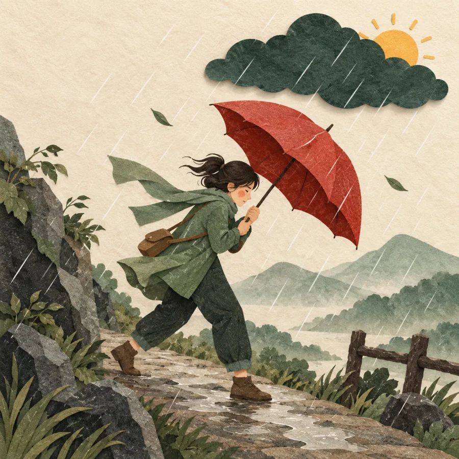 A person with a red umbrella walks into wind and rain.