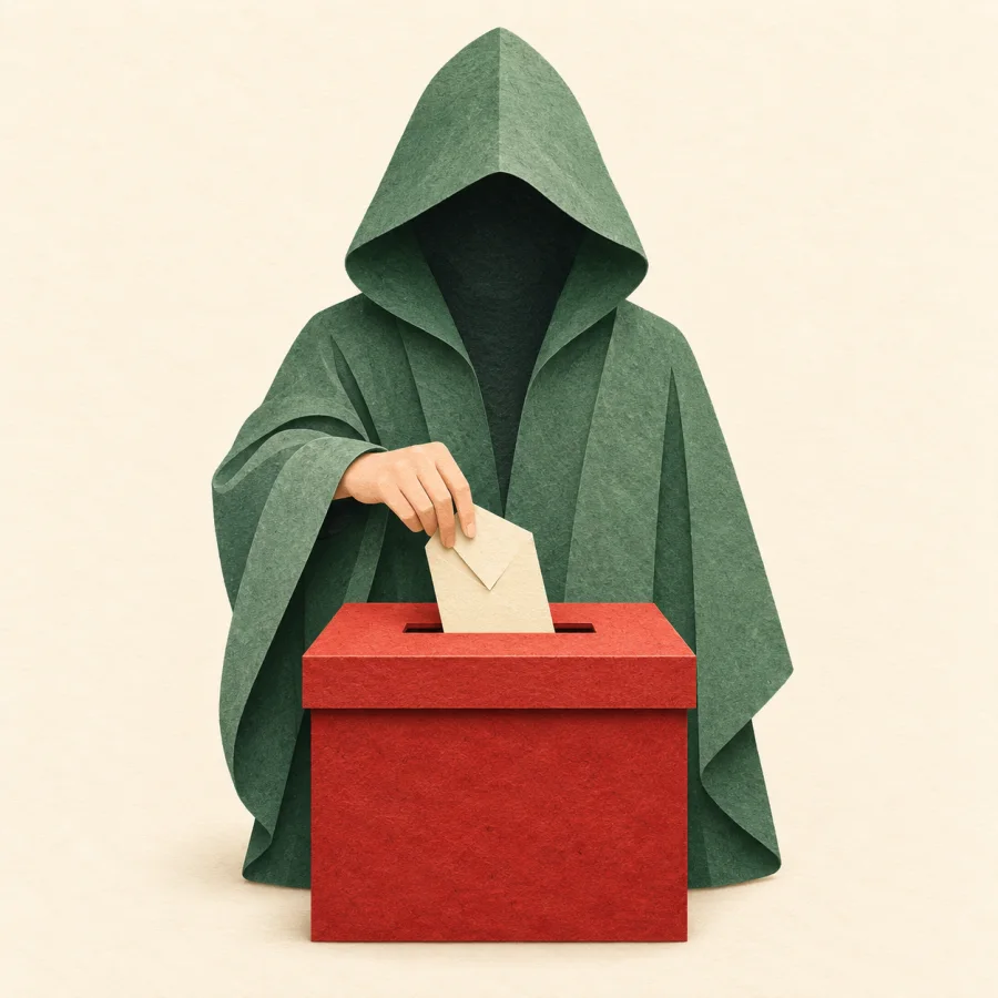 A hooded person drops an envelope into a red box.