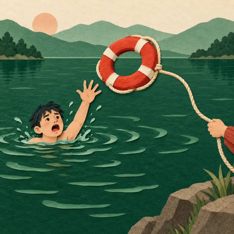 A person in water calls for help as a lifebuoy is thrown.