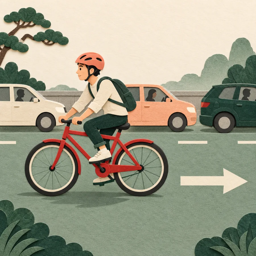 A cyclist rides against a line of cars.