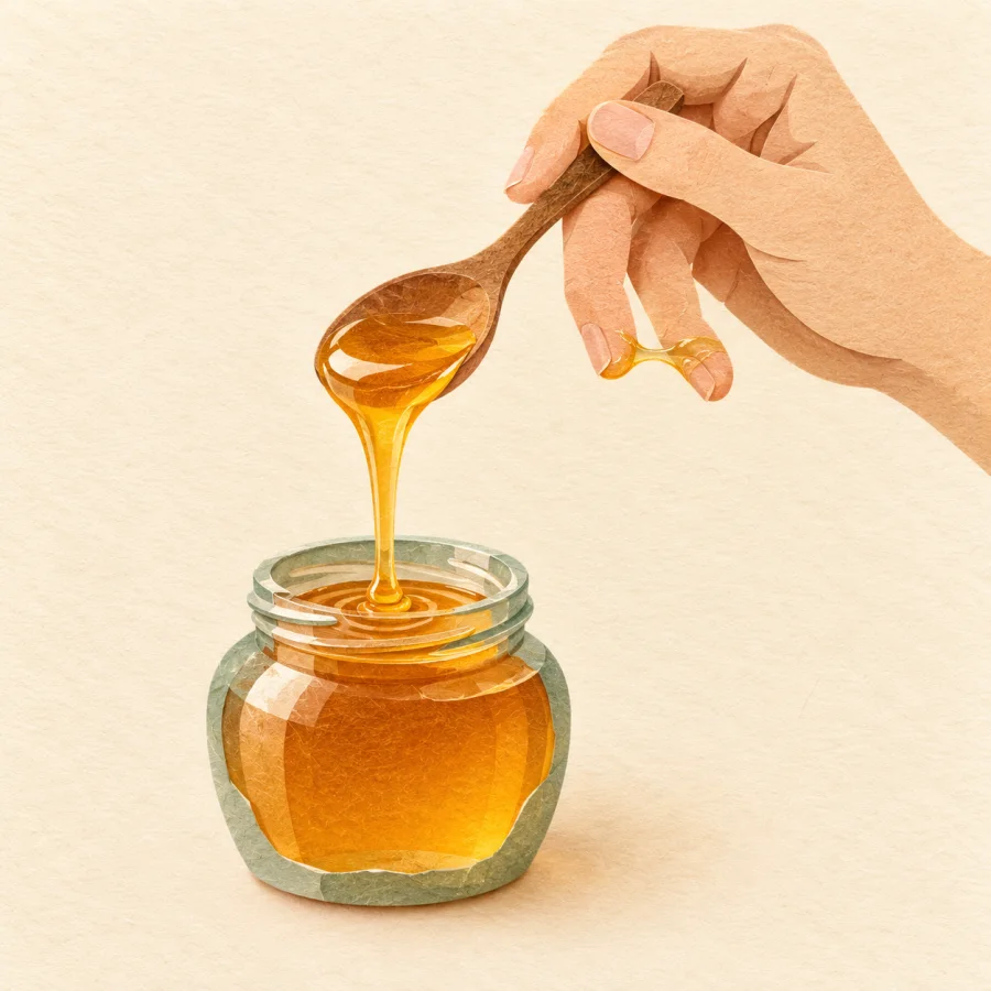 A spoon with sticky strands of honey over a jar.