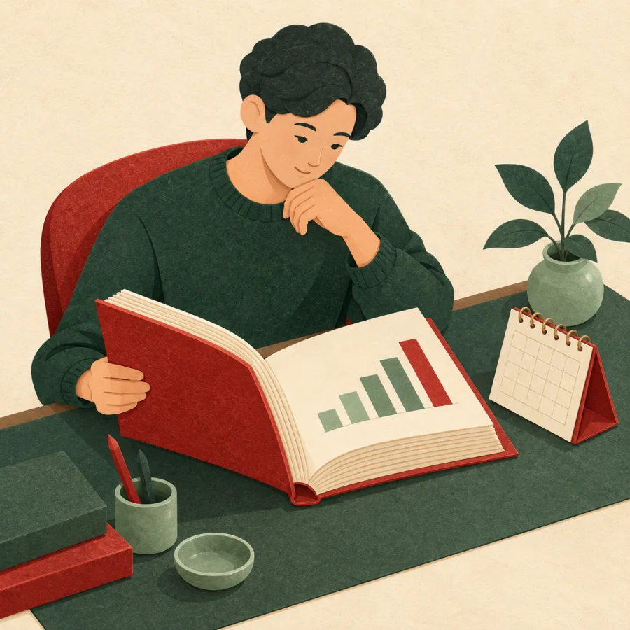 A person reads a thick red report with a chart.
