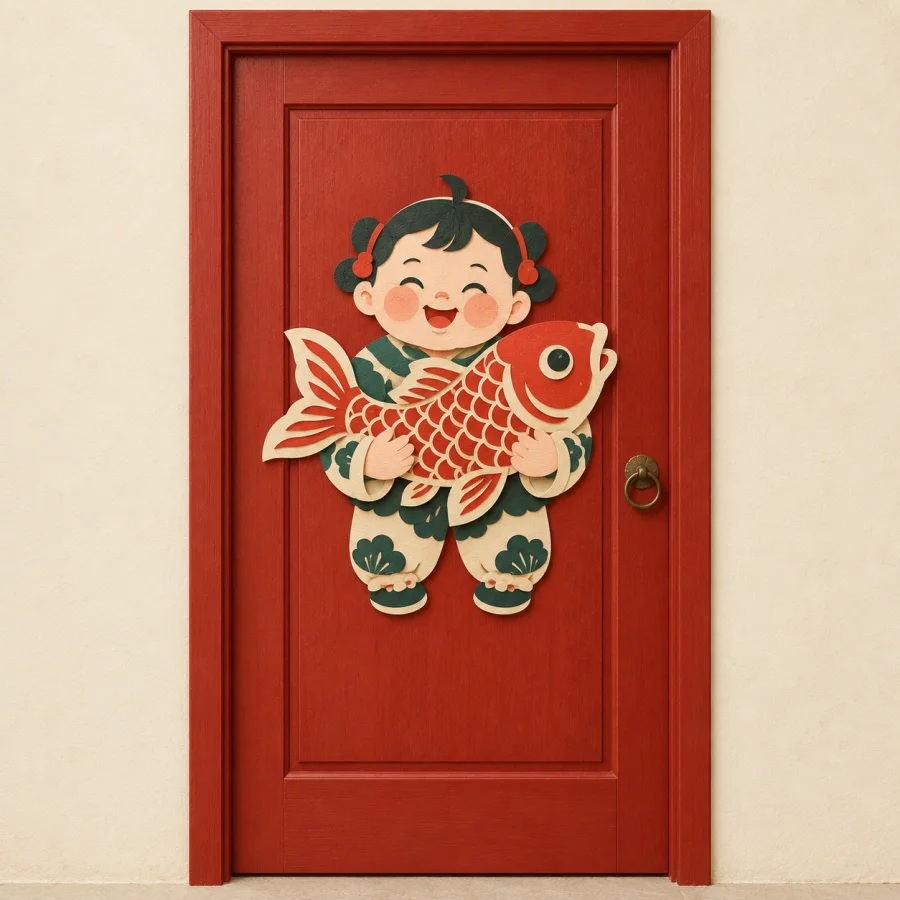 A red door with a picture of a smiling child holding a fish.