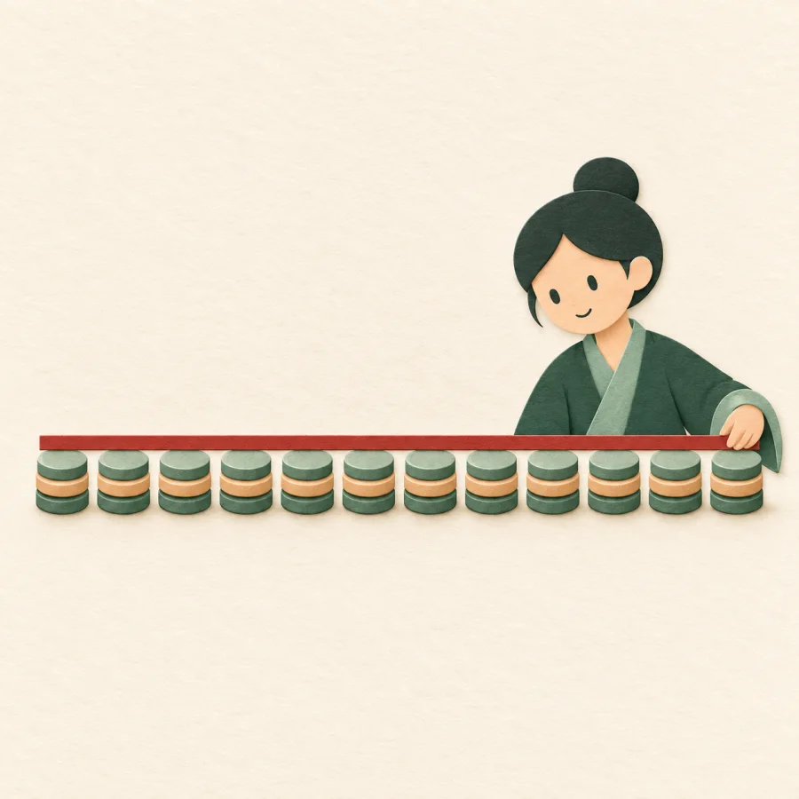 Twelve equal coin stacks with a ruler across their tops.
