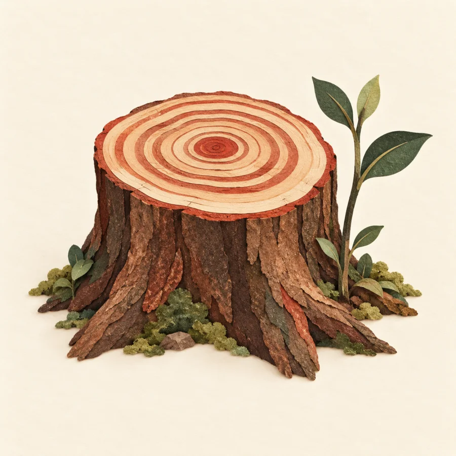 A tree stump with rings beside a small sapling.