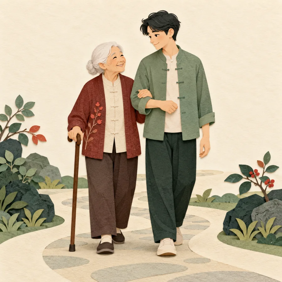 An elderly person with a cane walks as a young person offers an arm.