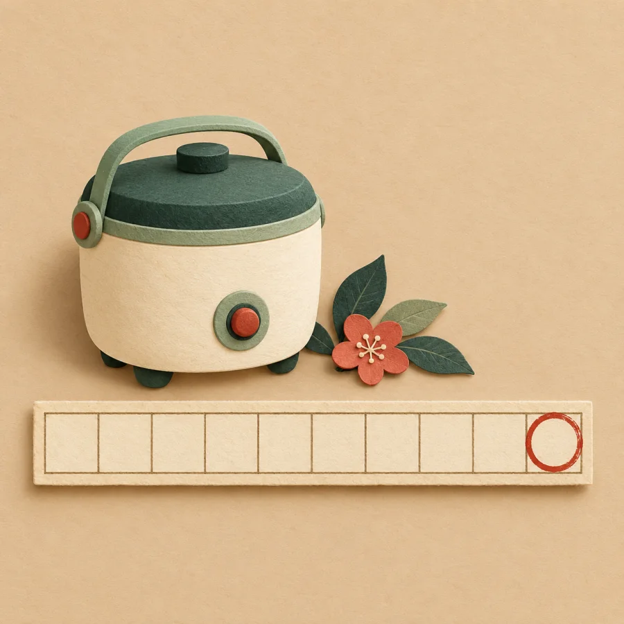A rice cooker beside a strip of squares, the last one circled.