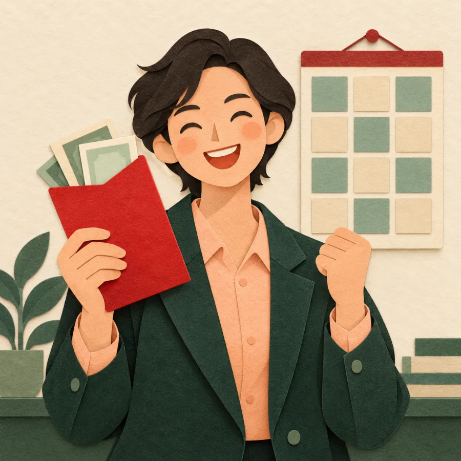 A worker holds a red envelope of money before a calendar.